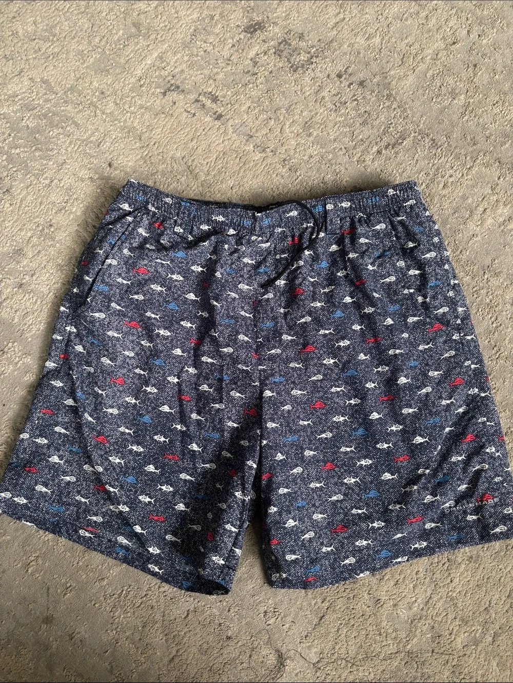 Columbia Navy Fish-Print Swim Trunks with Red & White Accents